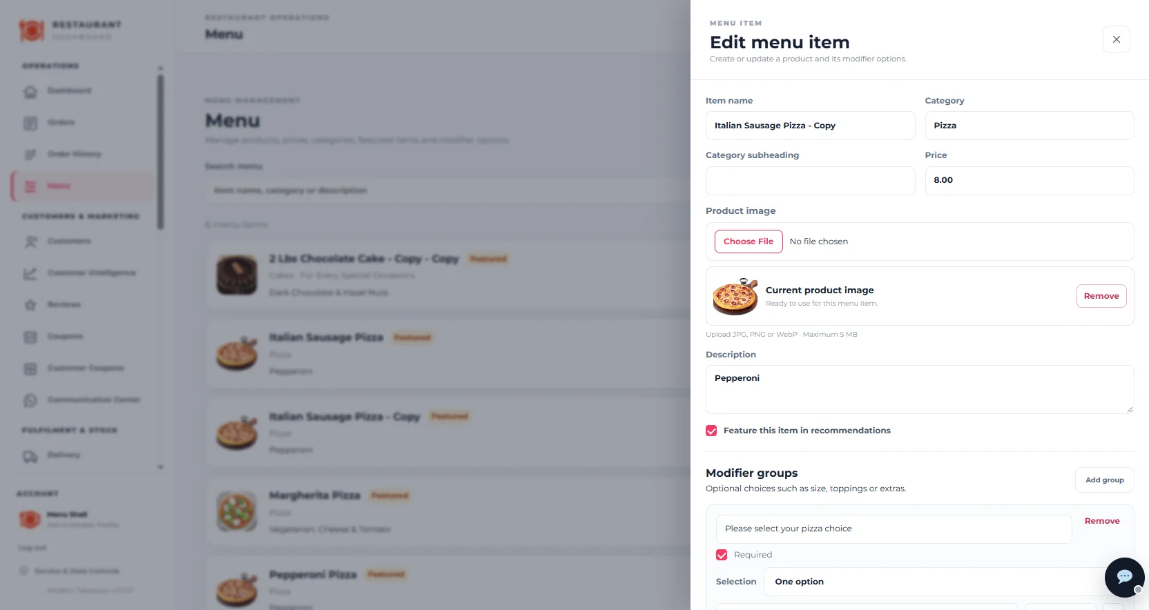 Menushell duplicated menu item opened immediately in the Edit menu item side modal with Copy added to the item name