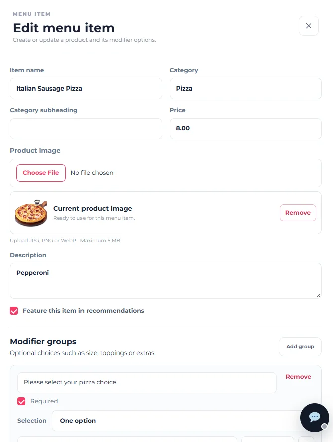 Menushell Edit menu item form showing existing product name, category, price, image, description, featured setting and modifier groups