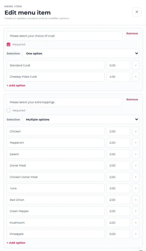 Configured Menushell modifier groups showing a required one-option crust choice and an optional multiple-options toppings group with additional prices