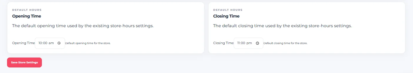 Menushell Store Settings showing default Opening Time and Closing Time