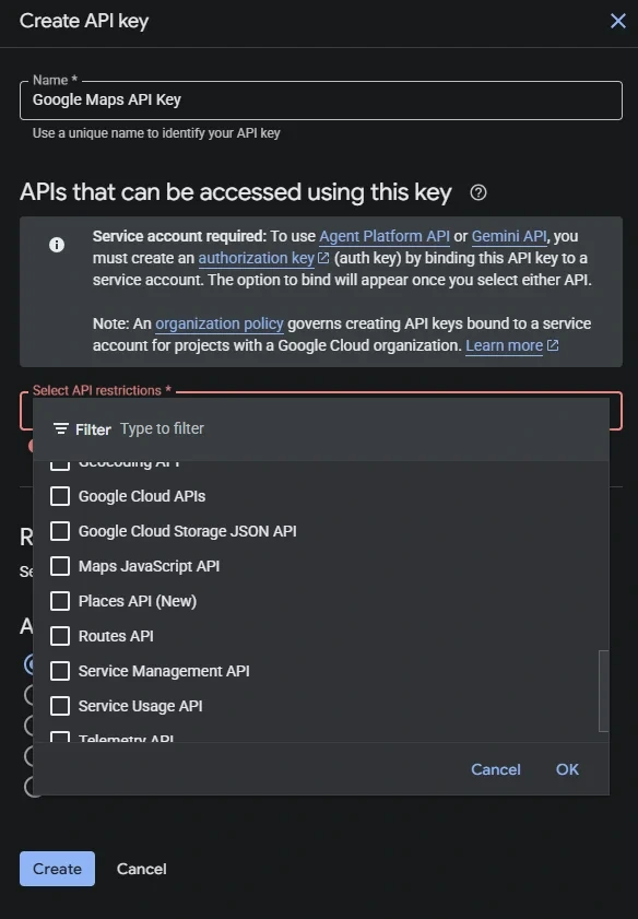 Google Cloud API key creation with Maps JavaScript API and Places API New selected