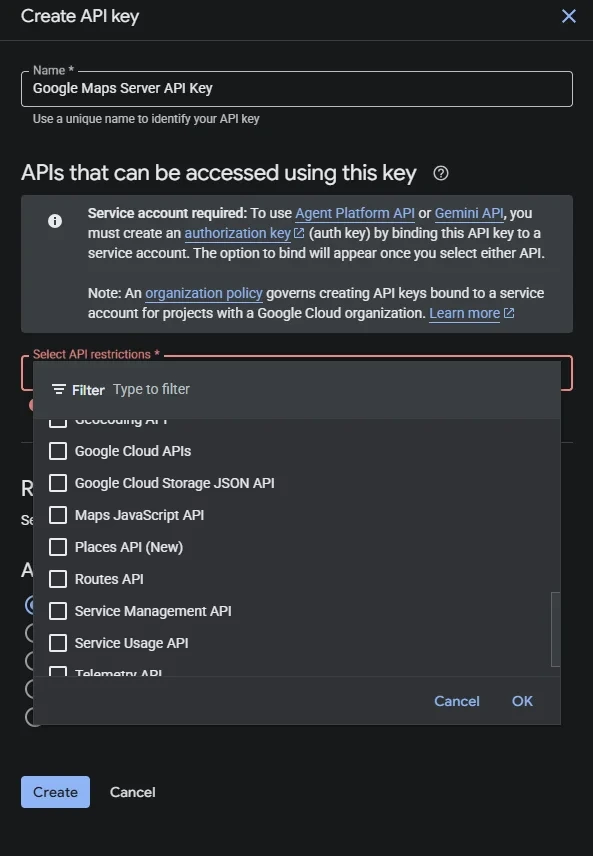 Google Cloud server API key creation with Geocoding API and Routes API