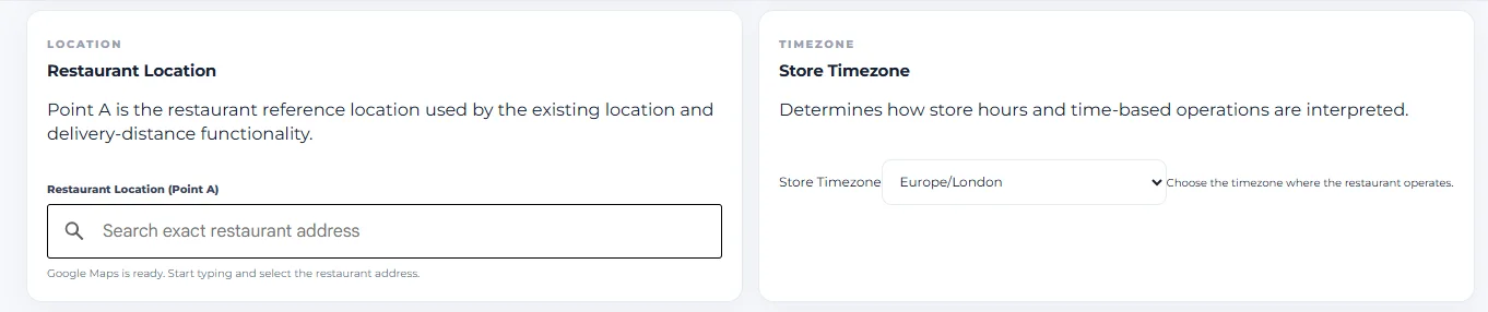 Menushell Store Settings showing Restaurant Location Point A and Store Timezone