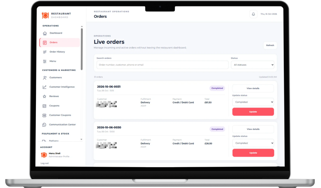 Menushell restaurant online ordering system dashboard showing live order management